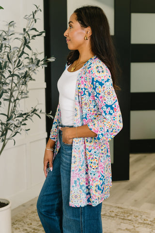 Dear Scarlett Lizzy Cardigan in Teal and Pink Floral Abstract