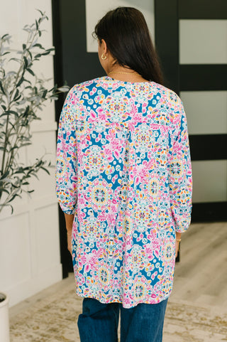 Dear Scarlett Lizzy Cardigan in Teal and Pink Floral Abstract