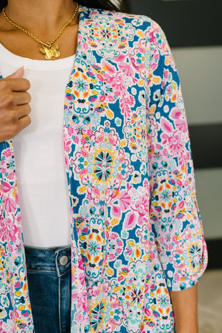 Dear Scarlett Lizzy Cardigan in Teal and Pink Floral Abstract