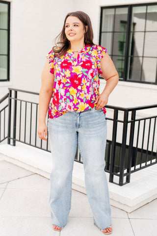 Dear Scarlett Lizzy Flutter Sleeve Top in Magenta and Yellow Floral