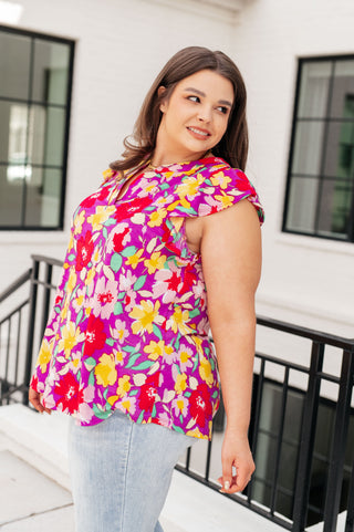 Dear Scarlett Lizzy Flutter Sleeve Top in Magenta and Yellow Floral