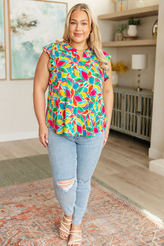 Dear Scarlett Lizzy Flutter Sleeve Top in Teal and Red Mod Floral