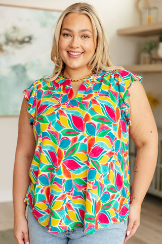 Dear Scarlett Lizzy Flutter Sleeve Top in Teal and Red Mod Floral