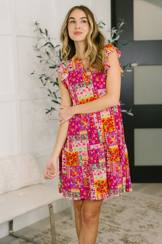 Dear Scarlett Lizzy Flutter Sleeve Dress in Patchwork Floral