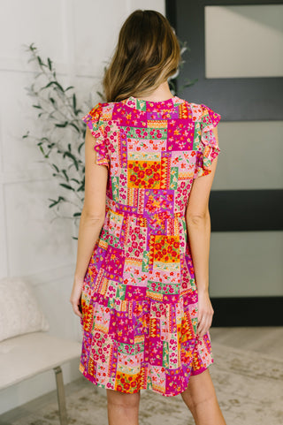 Dear Scarlett Lizzy Flutter Sleeve Dress in Patchwork Floral