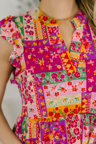 Dear Scarlett Lizzy Flutter Sleeve Dress in Patchwork Floral