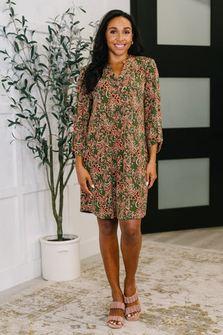 Dear Scarlett Lizzy Long Sleeve Dress in Olive Paisley