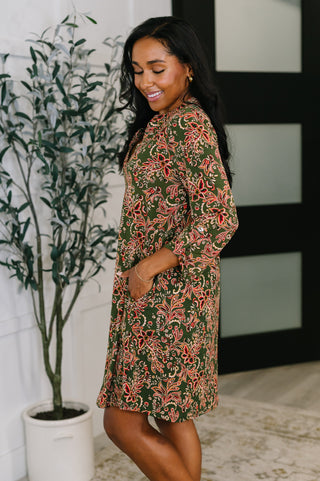 Dear Scarlett Lizzy Long Sleeve Dress in Olive Paisley