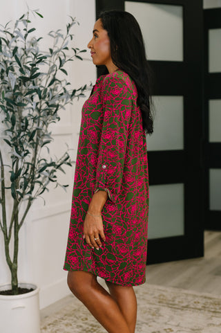Dear Scarlett Lizzy Long Sleeve Dress in Pink and Olive Abstract Floral
