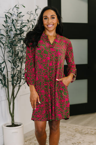Dear Scarlett Lizzy Long Sleeve Dress in Pink and Olive Abstract Floral