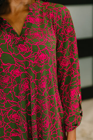 Dear Scarlett Lizzy Long Sleeve Dress in Pink and Olive Abstract Floral