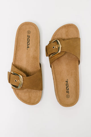 Soda Lizzy Slip On Buckle Strap Sandal in Tan