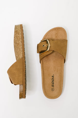 Soda Lizzy Slip On Buckle Strap Sandal in Tan