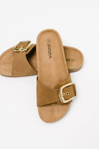 Soda Lizzy Slip On Buckle Strap Sandal in Tan