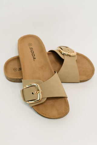 Soda Lizzy Slip on Buckle Strap Sandal in Taupe