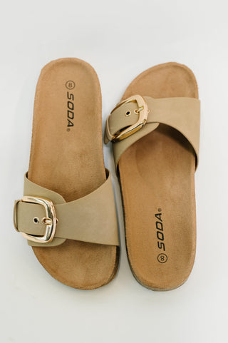 Soda Lizzy Slip on Buckle Strap Sandal in Taupe