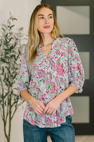 Dear Scarlett Lizzy Smock Top in Mint and Pink Floral Paisley