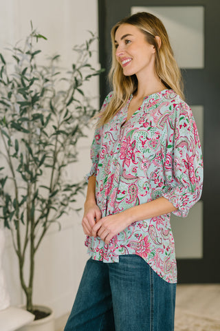 Dear Scarlett Lizzy Smock Top in Mint and Pink Floral Paisley