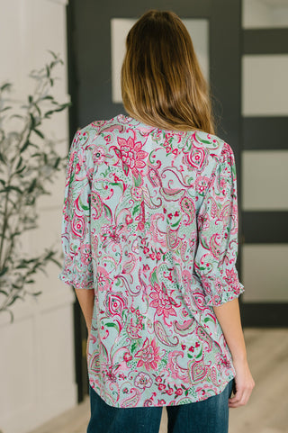 Dear Scarlett Lizzy Smock Top in Mint and Pink Floral Paisley