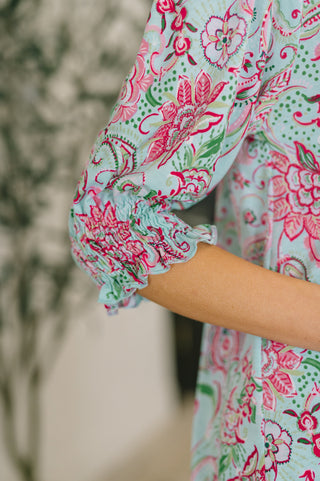 Dear Scarlett Lizzy Smock Top in Mint and Pink Floral Paisley