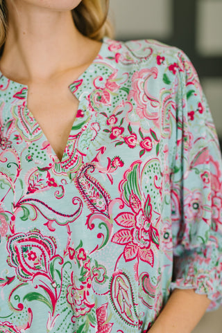 Dear Scarlett Lizzy Smock Top in Mint and Pink Floral Paisley