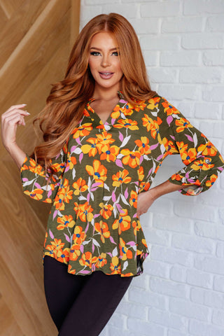 Dear Scarlett Lizzy Top in Olive and Mustard Floral