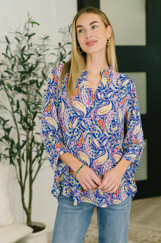 Dear Scarlett Lizzy Top in Royal Blue Paisley