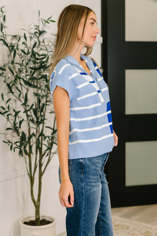 One Eleven North Lonely Traveler Striped Quarter Zip Vest in Blue