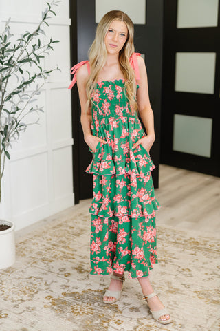 Haptics Low Effort, High Impact Tiered Dress in Green/Coral