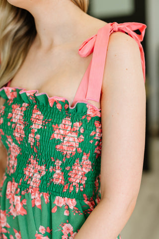 Haptics Low Effort, High Impact Tiered Dress in Green/Coral