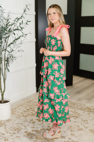 Haptics Low Effort, High Impact Tiered Dress in Green/Coral