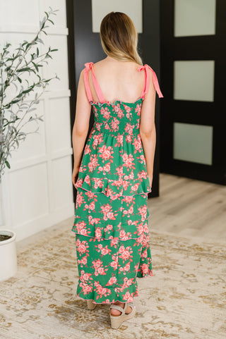Haptics Low Effort, High Impact Tiered Dress in Green/Coral