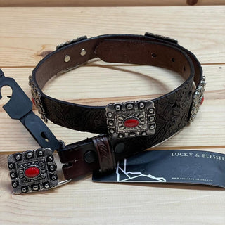 Lucky & Blessed Girl’s Genuine Leather Belt, Brown with Red Conchos