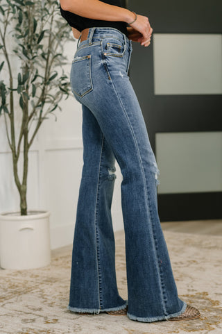 Judy Blue Marion Mid Rise Button Fly Flare with Destroy Fray Hem - Exclusive