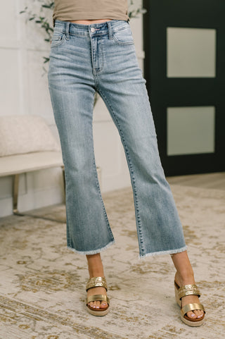 Judy Blue Mckaylee Mid Rise Kick Flare Jeans with Frayed Hem - Exclusive