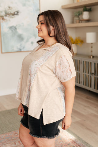 POL Mention Me Floral Accent Top in Toasted Almond