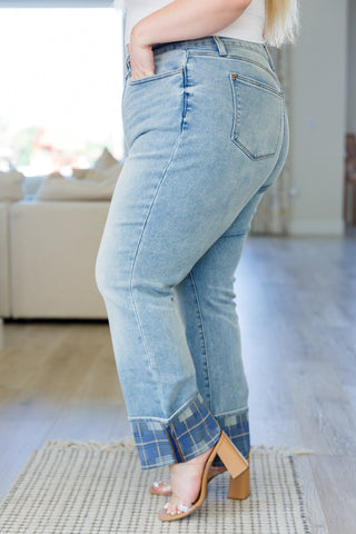 Judy Blue Miranda High Rise Plaid Cuff Vintage Straight Jeans - Exclusive