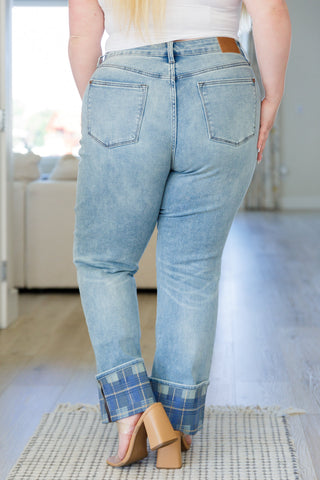 Judy Blue Miranda High Rise Plaid Cuff Vintage Straight Jeans - Exclusive