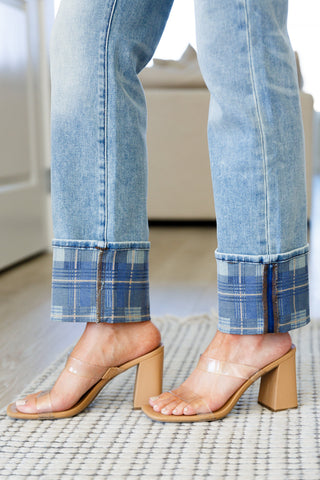Judy Blue Miranda High Rise Plaid Cuff Vintage Straight Jeans - Exclusive