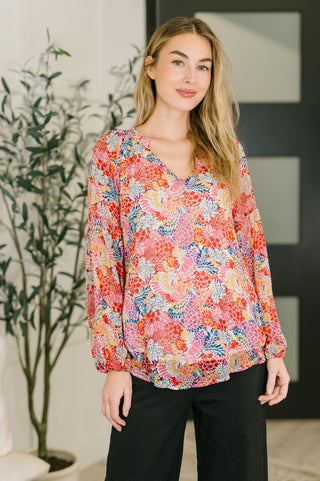 One Eleven North Modern Meadow V-Neck Puff Sleeve Blouse