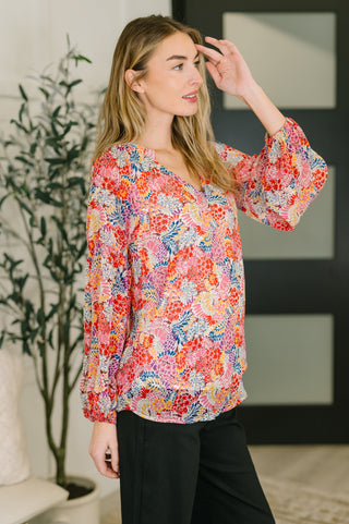 One Eleven North Modern Meadow V-Neck Puff Sleeve Blouse