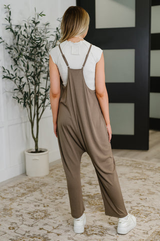 Sweet Lovely by J Mood Match Relaxed Spaghetti Strap Jumpsuit in Mocha