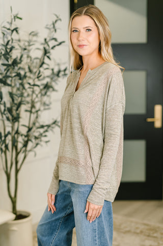 In Loom Never Been So Sure Lace Accent Henley Top in Taupe