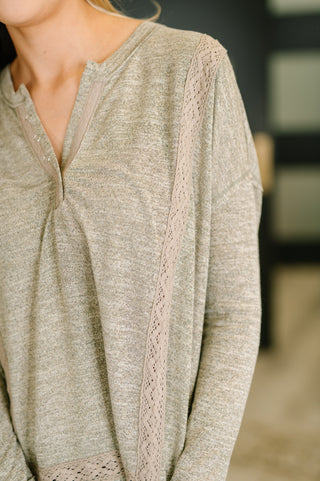 In Loom Never Been So Sure Lace Accent Henley Top in Taupe