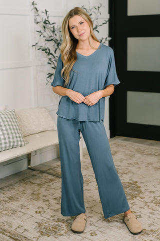 Ol' Reliable Top and Bottom Lounge Set in Dusty Blue