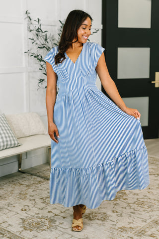 Haptics Only Chance Pleated Smock Waist Maxi Dress in Blue