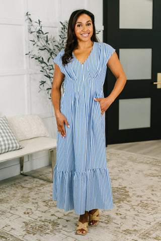 Haptics Only Chance Pleated Smock Waist Maxi Dress in Blue