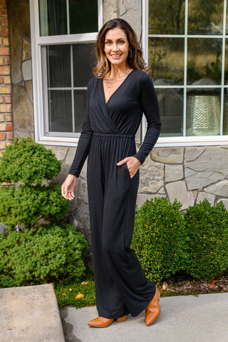 White Birch Onward & Upward Faux Wrap Jumpsuit In Black