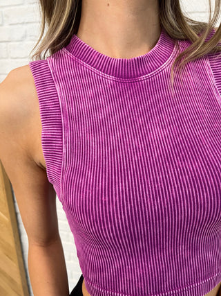 Zenana Over and Out Cropped Ribbed Tank in Lt Plum