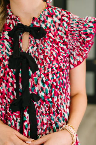 Haptics Pattern Pending Bow Detail Dress in Fuchsia and Black